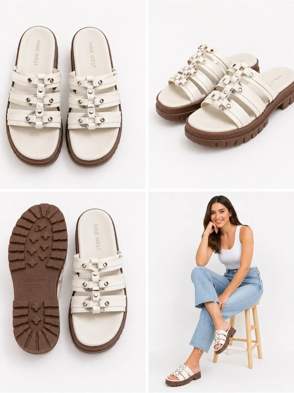 Nine‎ West Cream Strappy Stud Platform Slide Sandals